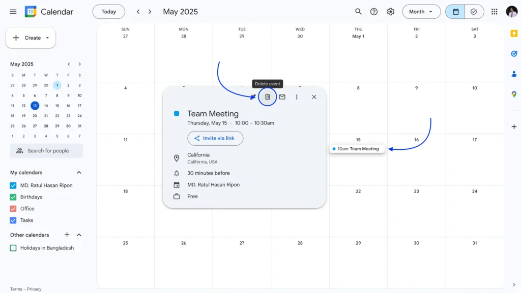 How to cancel a Google Calendar Event or Meeting first step